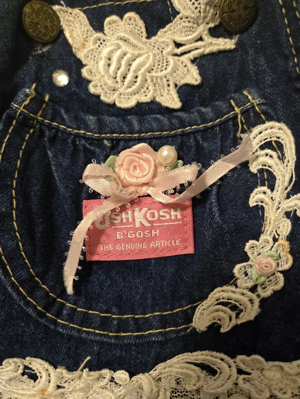 Vintage Oshkosh B'Gosh Denim Overall Dress With Embroidered Flowers Size 6